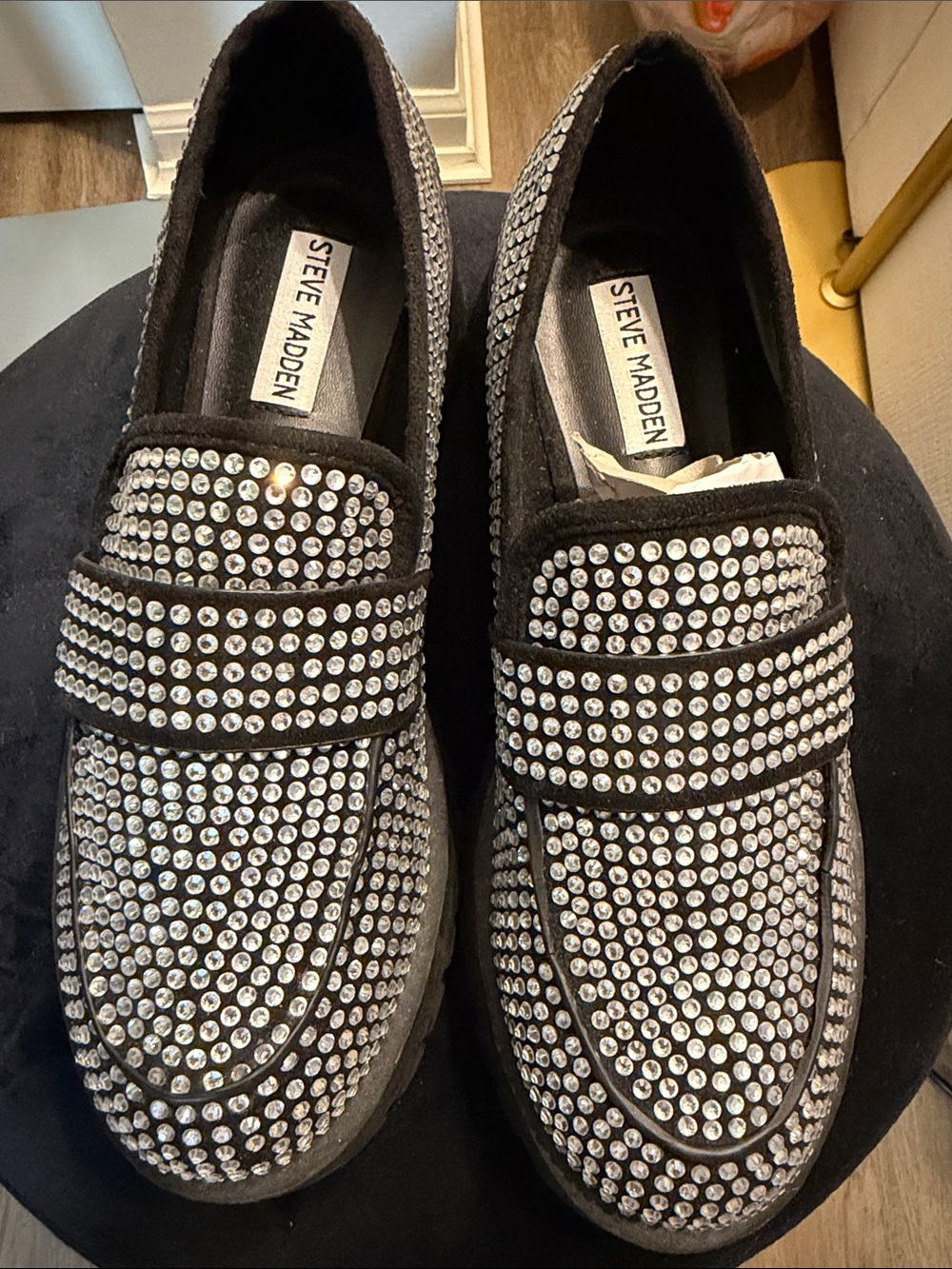 Steve Madden Black Crystal-Embellished Loafers. No box. Missing one stone.